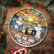 You, Me And The Cat - Personalized Circle Glass Ornament