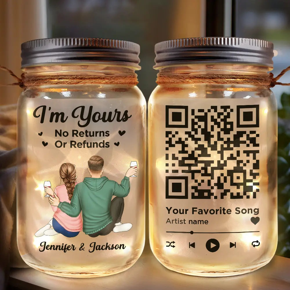 Couples, Gift For Couples - Couple Favorite Song I'm Yours No Returns QR Code - Personalized Mason Jar Light