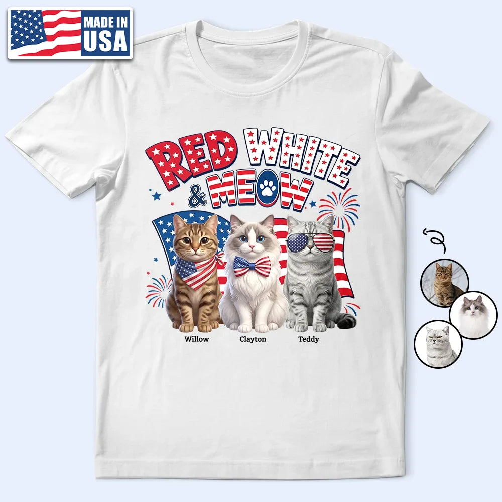 Custom Photo 3D Cartoon With US Accessories Red White Meow - Personalized T Shirt