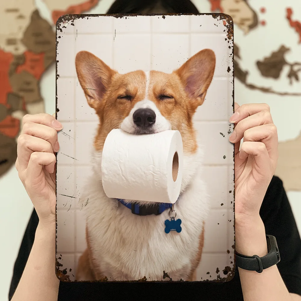 Custom Photo,Art Design,Pet Lovers,Humorous,Photo - Funny Bathroom Pet  - Custom Photo Funny Bathroom Pet Toilet Dog Cat - Personalized Classic Metal Signs