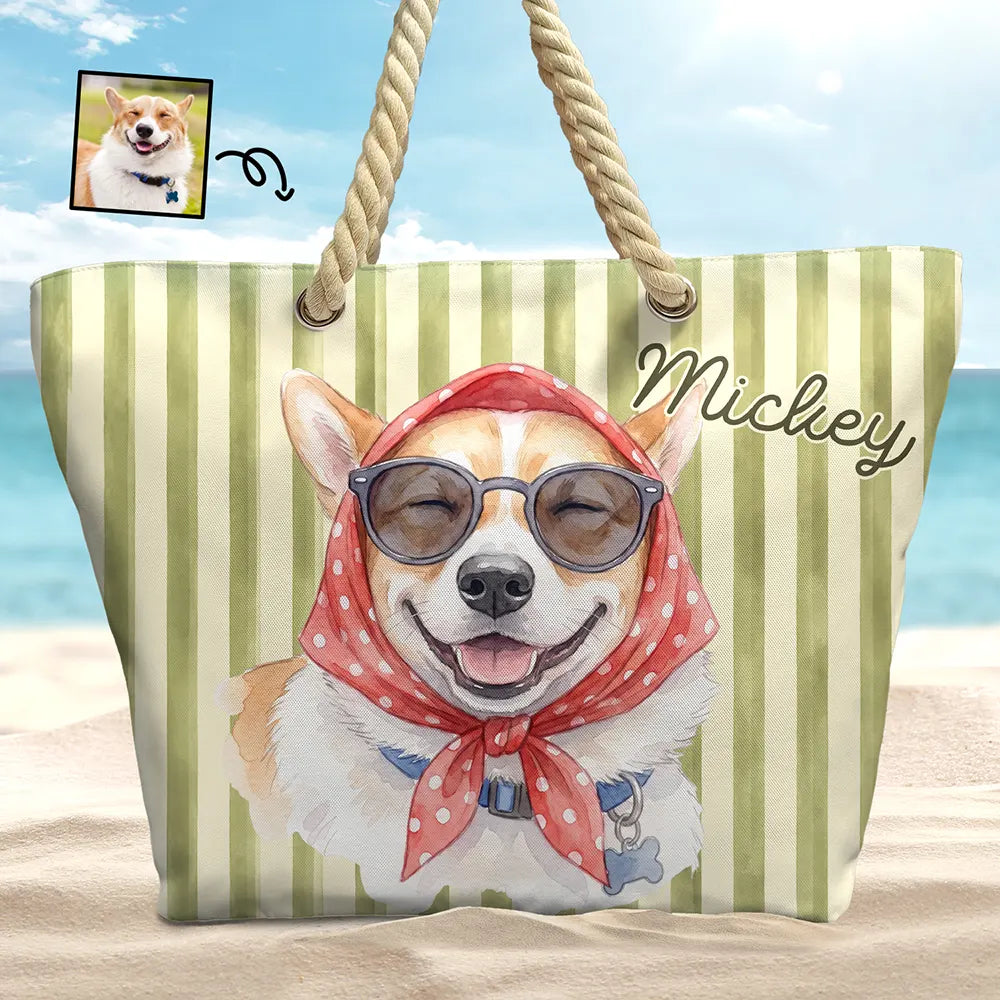 Custom Photo Watercolor Pet With Summer Accessories Pet Portrait - Personalized Beach Bag