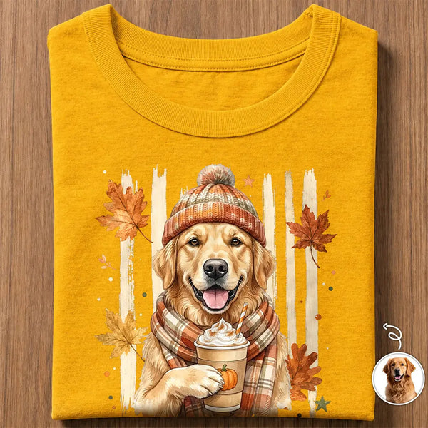 Adorable, Art Design, Pet Lovers, Photo - Autumn Theme Pet - Custom Photo Watercolor Pet With Autumn Accessories Autumn Cute Portrait Dog Cat - Personalized T Shirt