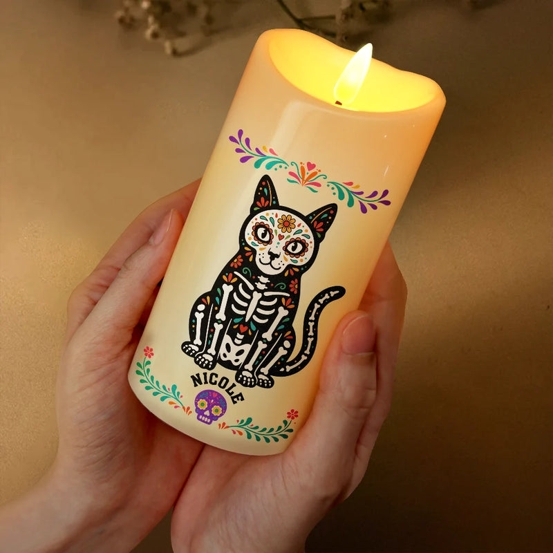Top Market,Art Design,Playful,Halloween,Pet Lovers,Photo - Hispanic Mexican Flowers Pet - Custom Photo Hispanic Pet Day Of The Dead - Personalized Flameless LED Candle