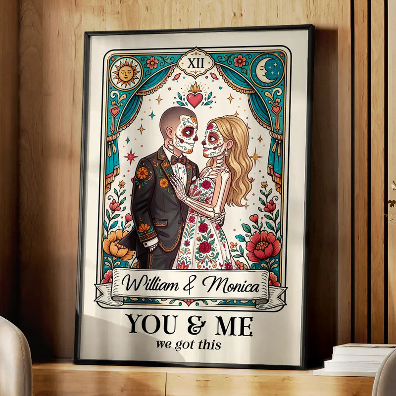 Art Design,Halloween,Romantic,Gift For Couples,Photo - Skeleton Day Of The Dead - Custom Photo Sugar Skull Cartoon Couple Till Death Do Us Part - Personalized Poster