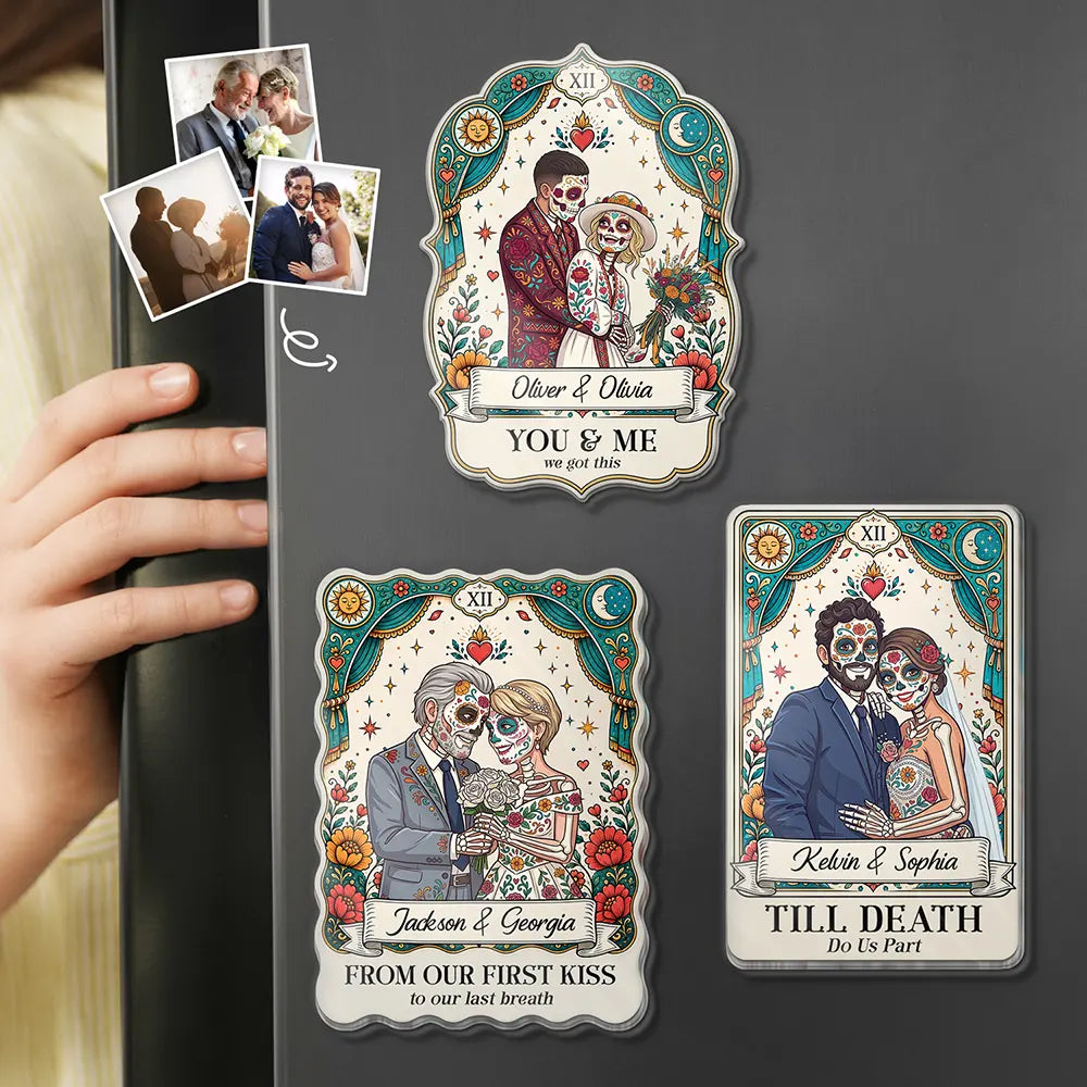 Custom Photo Sugar Skull Cartoon Couple Till Death Do Us Part - Personalized Acrylic Magnet