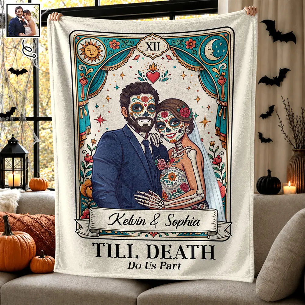 Custom Photo Sugar Skull Cartoon Till Death Do Us Part - Personalized Fleece Blanket, Sherpa Blanket