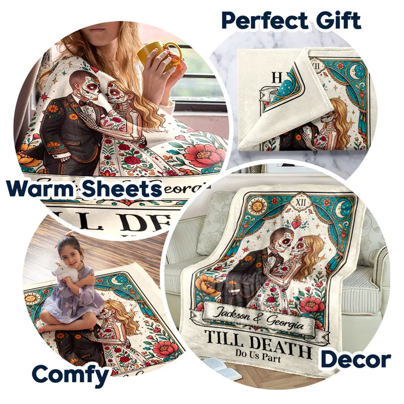 Art Design, Halloween, Romantic, Gift For Couples, Photo - Skeleton Day Of The Dead - Custom Photo Sugar Skull Cartoon Till Death Do Us Part - Personalized Fleece Blanket, Sherpa Blanket