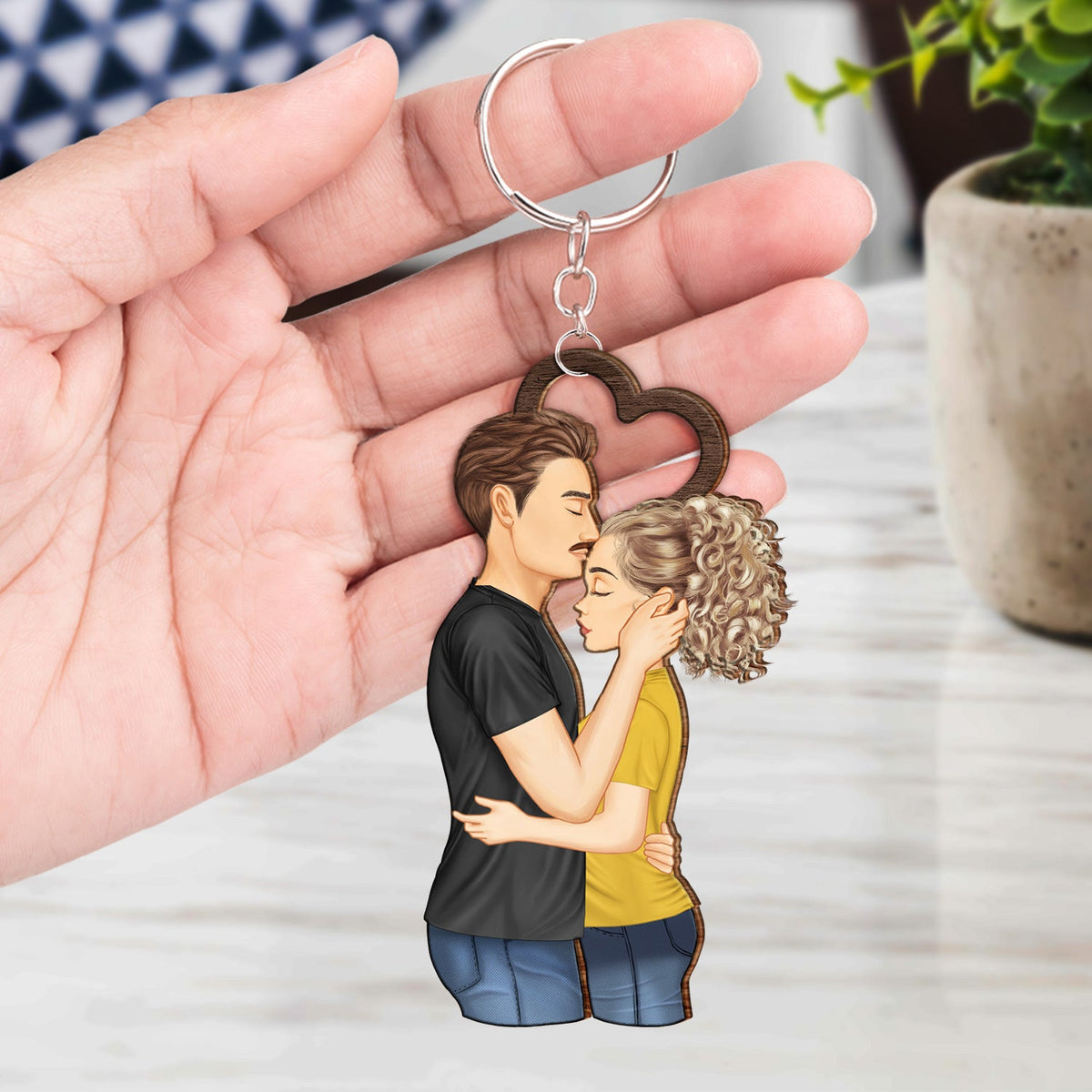 Couple Side View We're A Team - Gift For Couples - Personalized Cutout Wooden Keychain 2 Sides