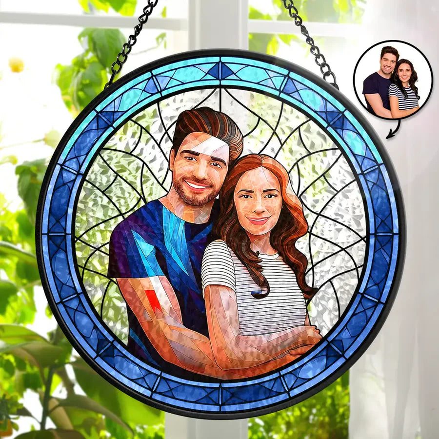 Gift For Couples,Family,Pet Lovers,Love,Dog Lovers,Cat Lovers - Custom Photo Portrait Couple Family Pet - Personalized Stained Glass Window Hanging Suncatcher