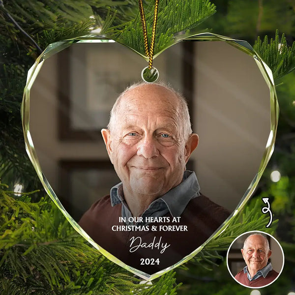 Family,Parents,Gift For Grandparents,Gift For Sibling - Custom Photo Memorial In Our Hearts At Christmas And Forever - Personalized Glass Ornament