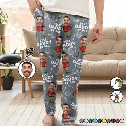 Custom Photo Best Daddy By Par Funny Face Golf Lover - Personalized Pajama Pants