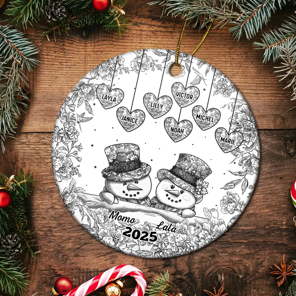 Happy,Christmas,Parents,Gift For Grandparents - Papa Nana Snowman Christmas Grandparents Toile - Personalized Circle Ceramic Ornament