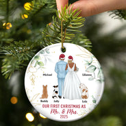 Love, Christmas, Gift For Wife, Gift For Husband, Gift For Couples, Wedding, Wedding Anniversary, Married , Pet Couple - Our First Christmas As Mr & Mrs Wedding Couple Pet - Personalized Circle Ceramic Ornament