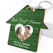 Married ,Happy,Gift For Couples,Gift For Wife,Gift For Husband - Custom Photo Our First Home Married Couple - Personalized Wooden Keychain