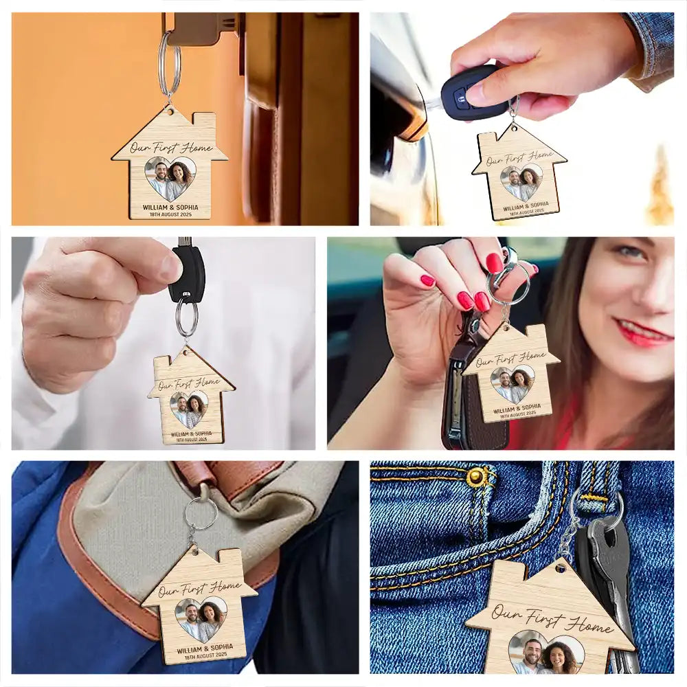 Married ,Happy,Gift For Couples,Gift For Wife,Gift For Husband - Custom Photo Our First Home Married Couple - Personalized Wooden Keychain