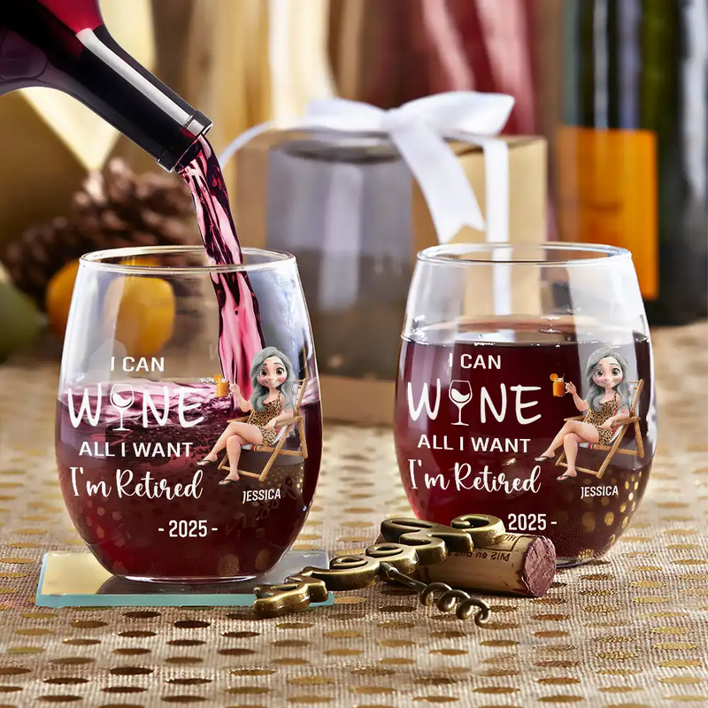 Retirement, Funny, Gift For Yourself, Parents, Gift For Grandparents - I Can Wine All I Want I'm Retired Cartoon - Personalized Stemless Wine Glass