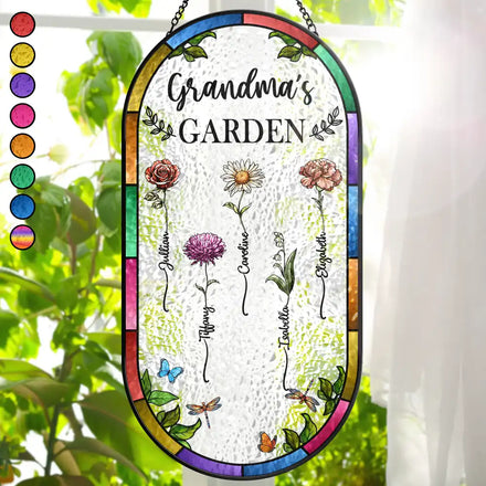 Birth Flower Grandma's Garden - Personalized Rounded Rectangle Stained Glass Suncatcher
