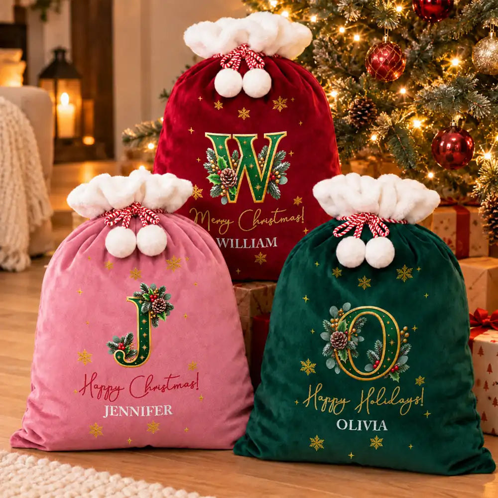 Family Christmas Gifts - Personalized Monogram Name Holly Botanical Velvet Favor Bag