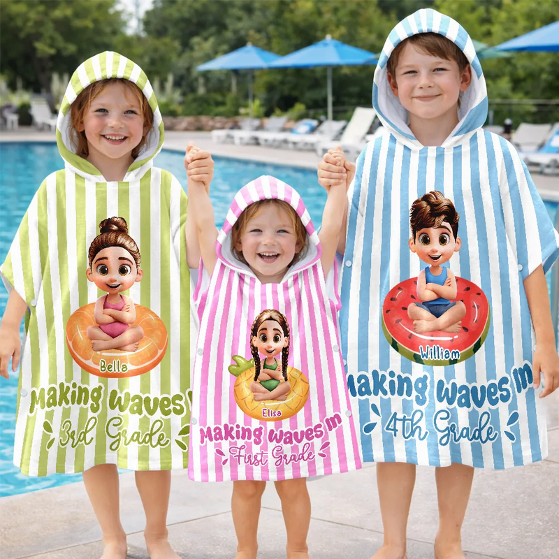 Back To School,Gift For Kids,Beach,Summer,Adorable,Vector - Making Waves In First Grade Summer Trip - Personalized Kids Hooded Poncho Towel