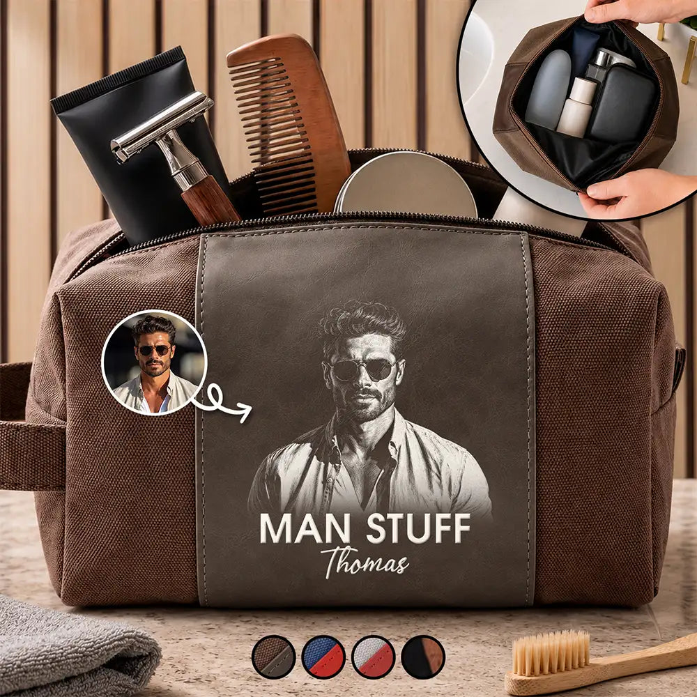 Custom Photo Bold Sketch Man Stuff - Personalized Leather Canvas Toiletry Bag