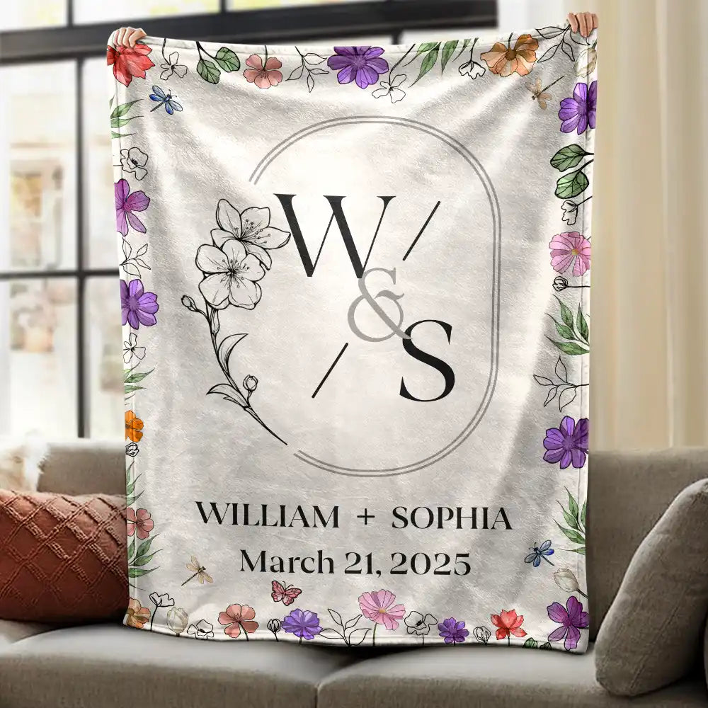 Gift For Couples, Wedding Anniversary, Married, Love - Married Couple Birth Flower Letter - Personalized Fleece Blanket, Sherpa Blanket