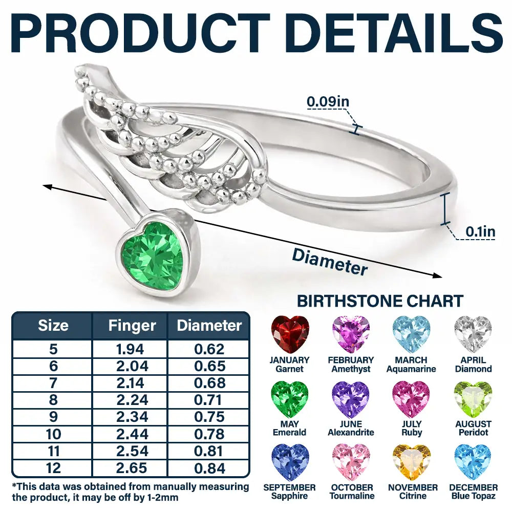 Memorial, Sad, Family - Memorial Family Mom Dad With Name & Year - Personalized Wing And Heart Birthstone Ring