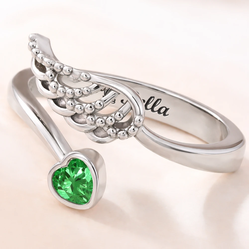 Memorial, Family, Pet Lovers, Sad - Memorial Your Loved One Family Loss Pet Loss - Personalized Wing And Heart Birthstone Ring