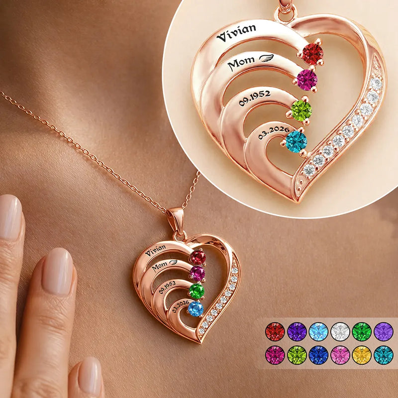 Gift For Women,Gift For Grandma,Gift For Yourself,Gift For Mother,Sad,Memorial - Memorial Mom Dad With Kids Name Gemstones - Personalized Birthstone Heart Necklace