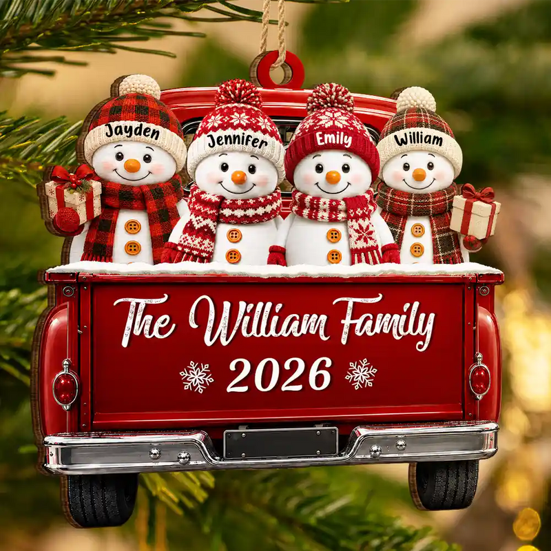 Christmas,Family,Icon,Happy - Merry Christmas Happy Snowman Family - Personalized Custom Shaped Wooden Ornament