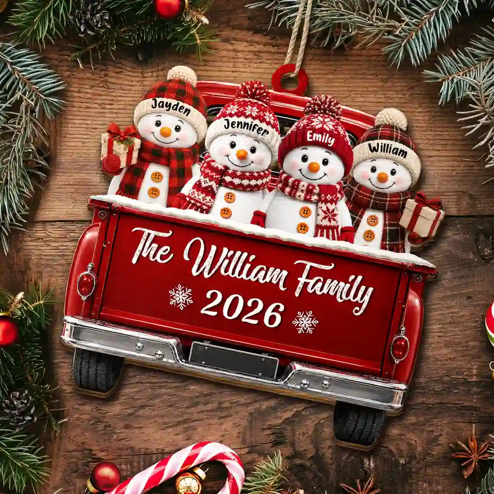 Christmas,Family,Icon,Happy - Merry Christmas Happy Snowman Family - Personalized Custom Shaped Wooden Ornament