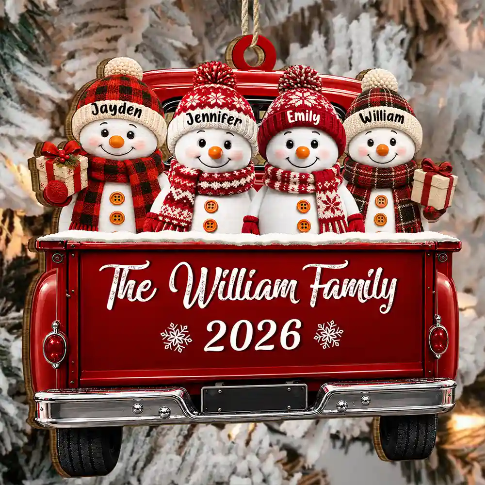 Christmas,Family,Icon,Happy - Merry Christmas Happy Snowman Family - Personalized Custom Shaped Wooden Ornament