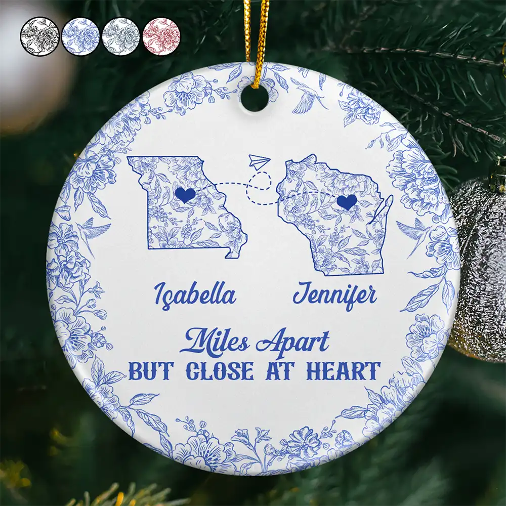 Miles Apart But Close At Heart Toile Pattern - Personalized Circle Ceramic Ornament