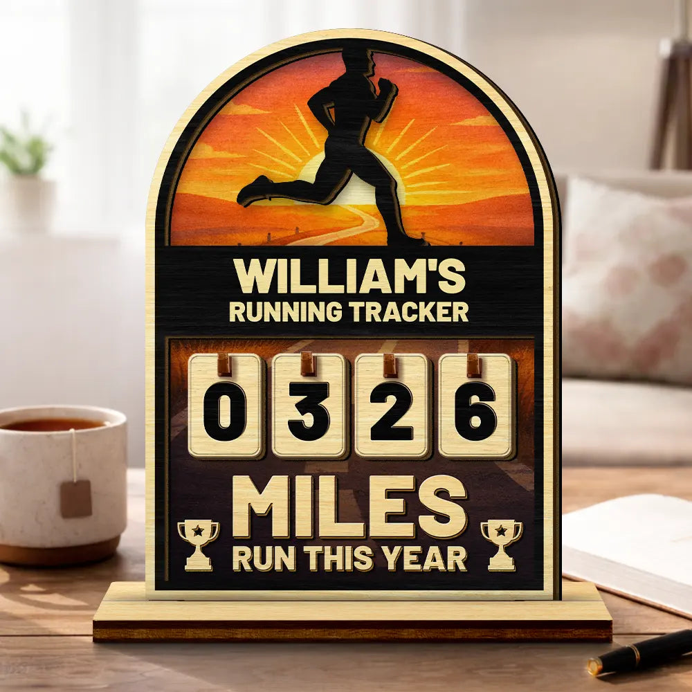 Gift For Yourself,Gift For Men,Gift For Women,Happy - Miles Run This Year - Personalized 2-Layered Wooden Tracker Sign