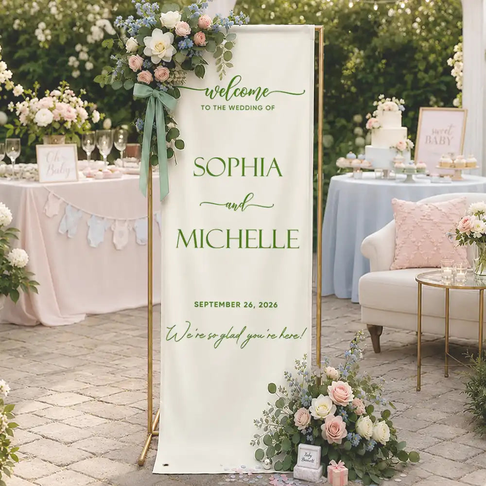 Top Market, Romantic, Gift For Couples, Wedding, Custom Text - Minimalist Welcome To The Wedding Of Us - Personalized Vertical Banner