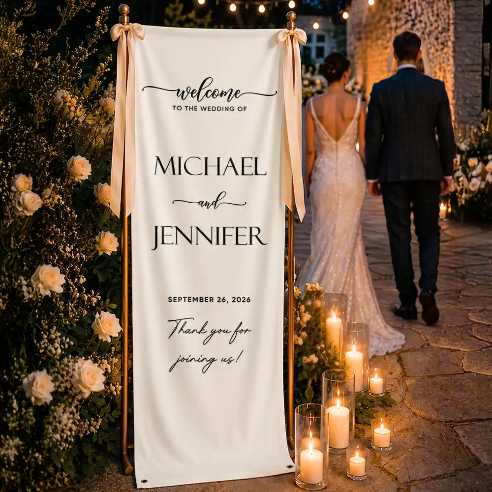 Top Market, Romantic, Gift For Couples, Wedding, Custom Text - Minimalist Welcome To The Wedding Of Us - Personalized Vertical Banner