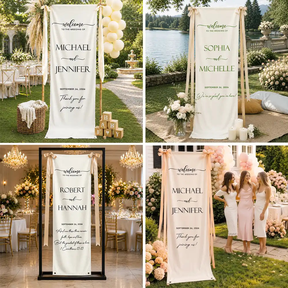 Top Market, Romantic, Gift For Couples, Wedding, Custom Text - Minimalist Welcome To The Wedding Of Us - Personalized Vertical Banner