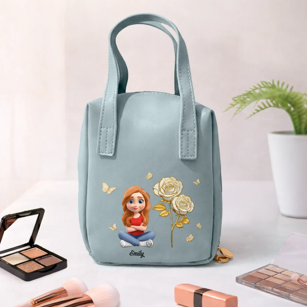Gift For Yourself, Gift For Women, Happy - Blooming In Love Birth Month Flower - Personalized Leather Makeup Bag With Handle