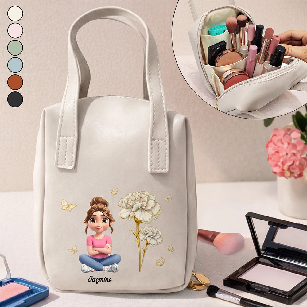 Blooming In Love Birth Month Flower - Personalized Leather Makeup Bag With Handle