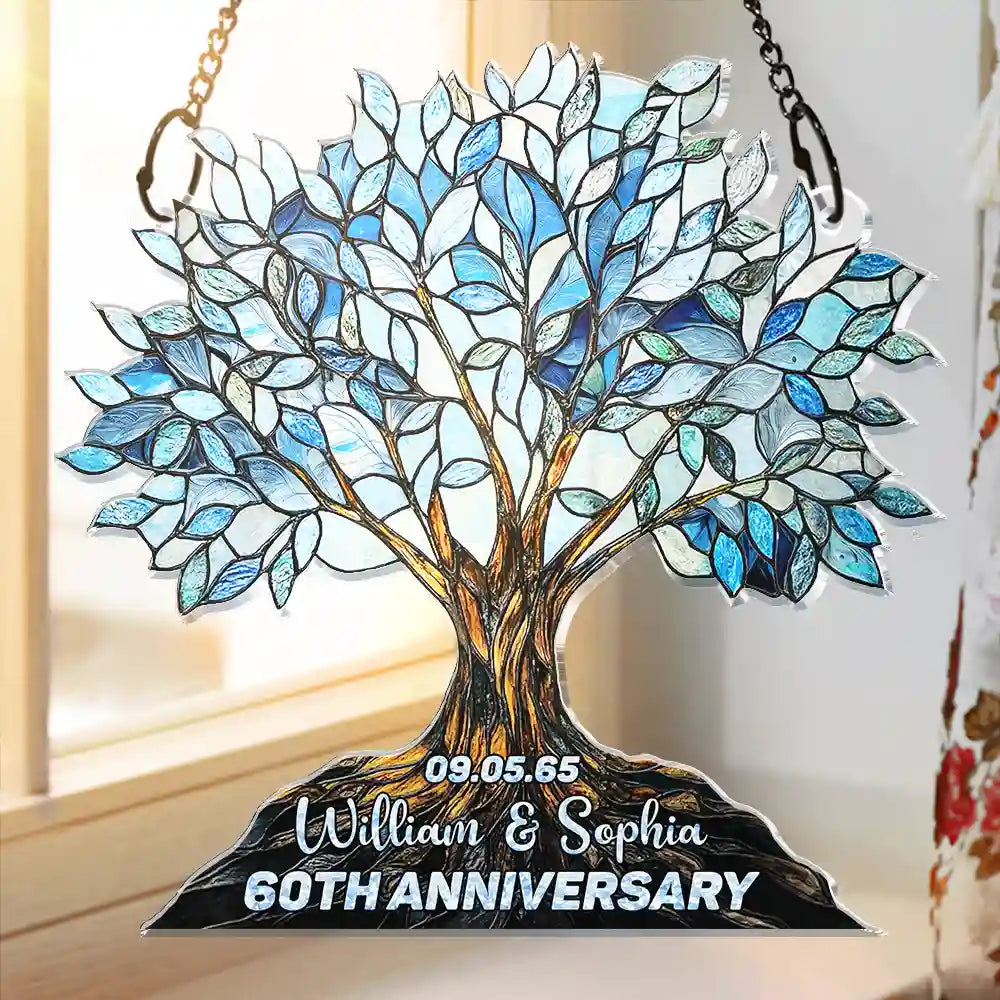 Old Couples,Wedding Anniversary,Love - Precious Couple Anniversary Stained Glass Effect - Personalized Window Hanging Suncatcher Ornament