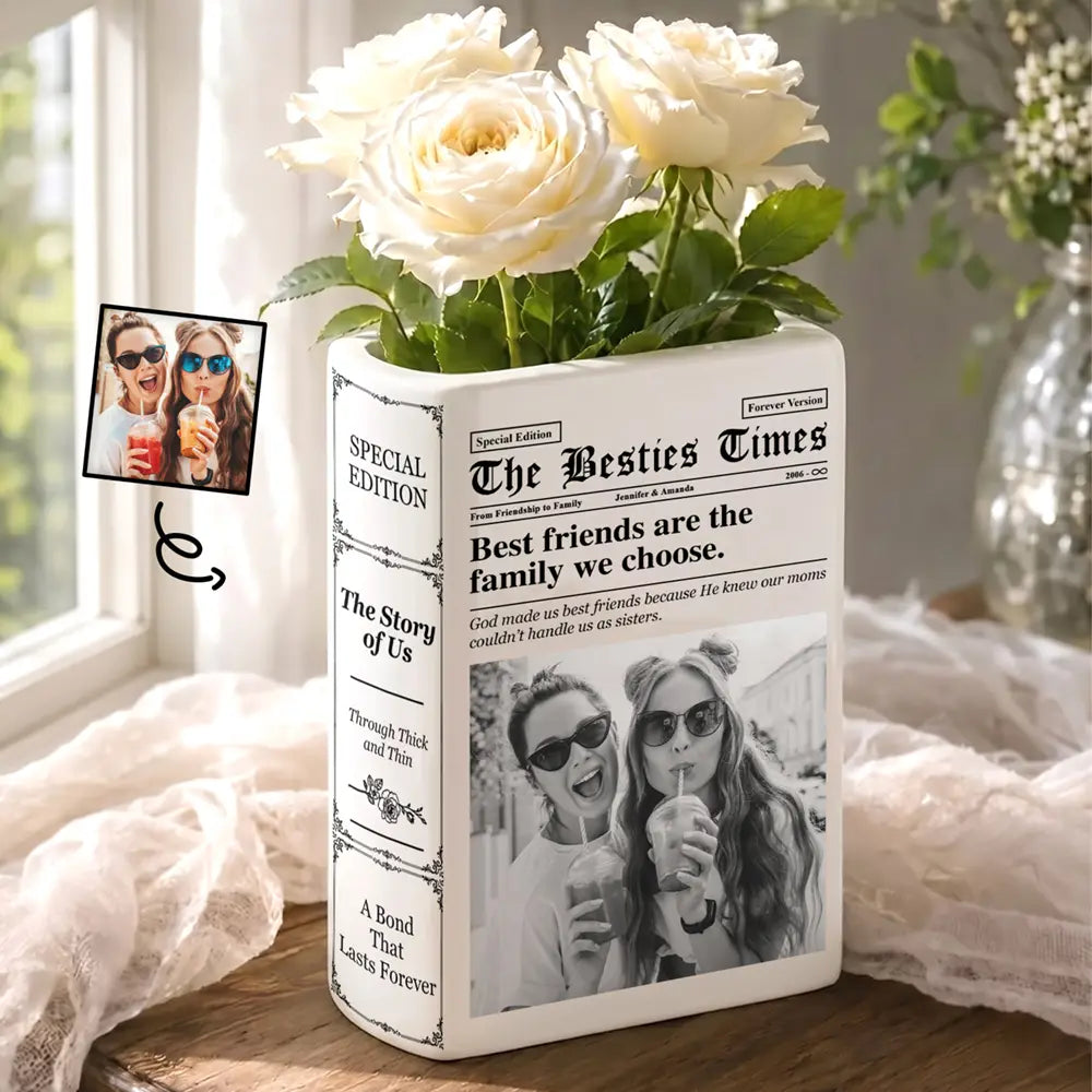 Gift For Best Friend - Personalized Custom Photo Newspaper Ceramic Book Vase