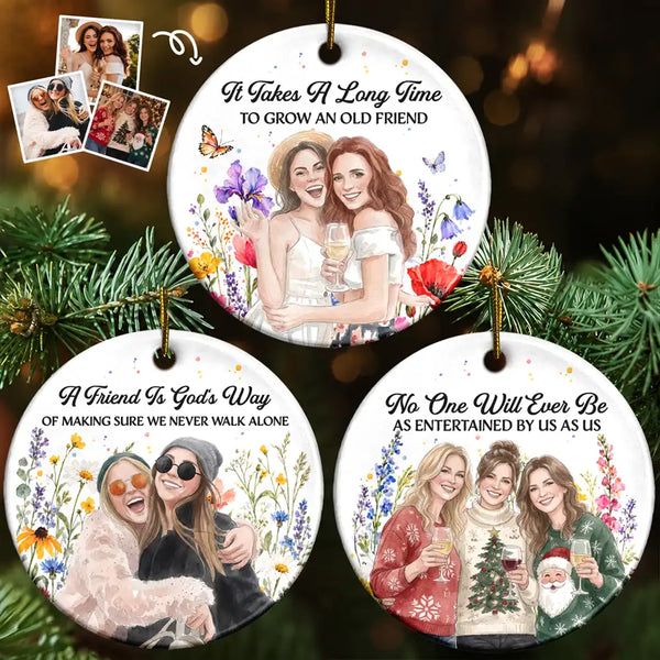 Afro Besties,Art Design,Christmas,Custom Photo,Gift For Bestie,Photo - Vivid Watercolor Art,Sentimental,Top Market - Christmas Gift For Best Friend - Personalized Custom Photo Watercolor Floral Circle Ceramic Ornament