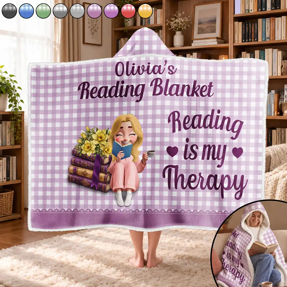 Confident,Gift For Women,Gift For Yourself,Gifts For Her,Reading,Vector - Gift For Book Lovers - Personalized Reading Is My Therapy Wearable Hooded Blanket
