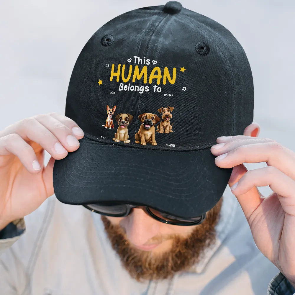 Pet Lovers, Pet Mom, Pet Dad, Happy - This Human Belongs To Pet Mom Pet Dad - Personalized Vintage Washed Denim Cap