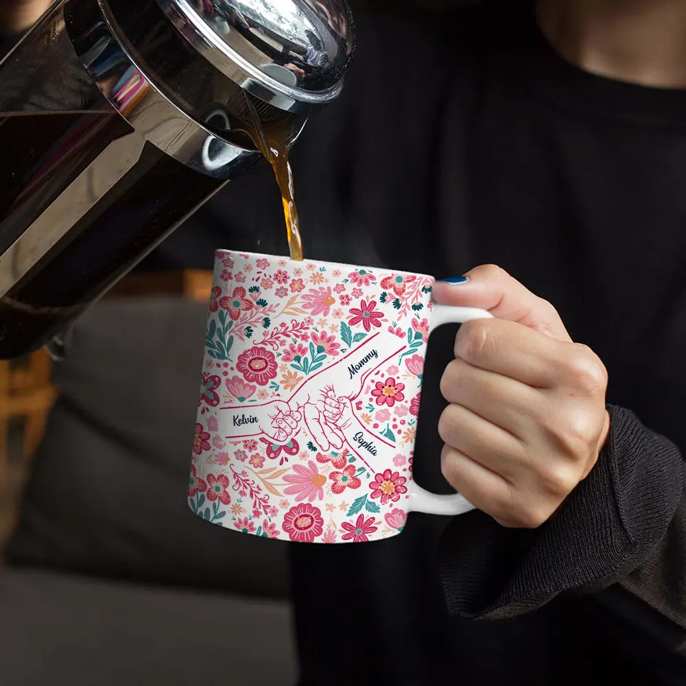 Gift For Mother,Gift For Grandma,Love,Icon - Boho Floral Hand In Hand Grandma Mom - Personalized White Edge-to-Edge Mug
