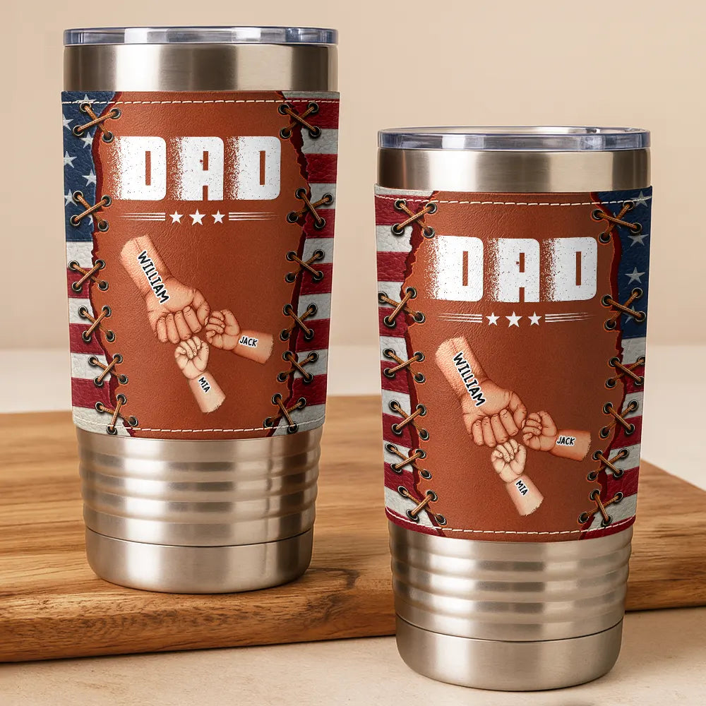 America Stars And Stripes Sewn Effect Dad Grandpa Hand Punch - Personalized Leather Tumbler