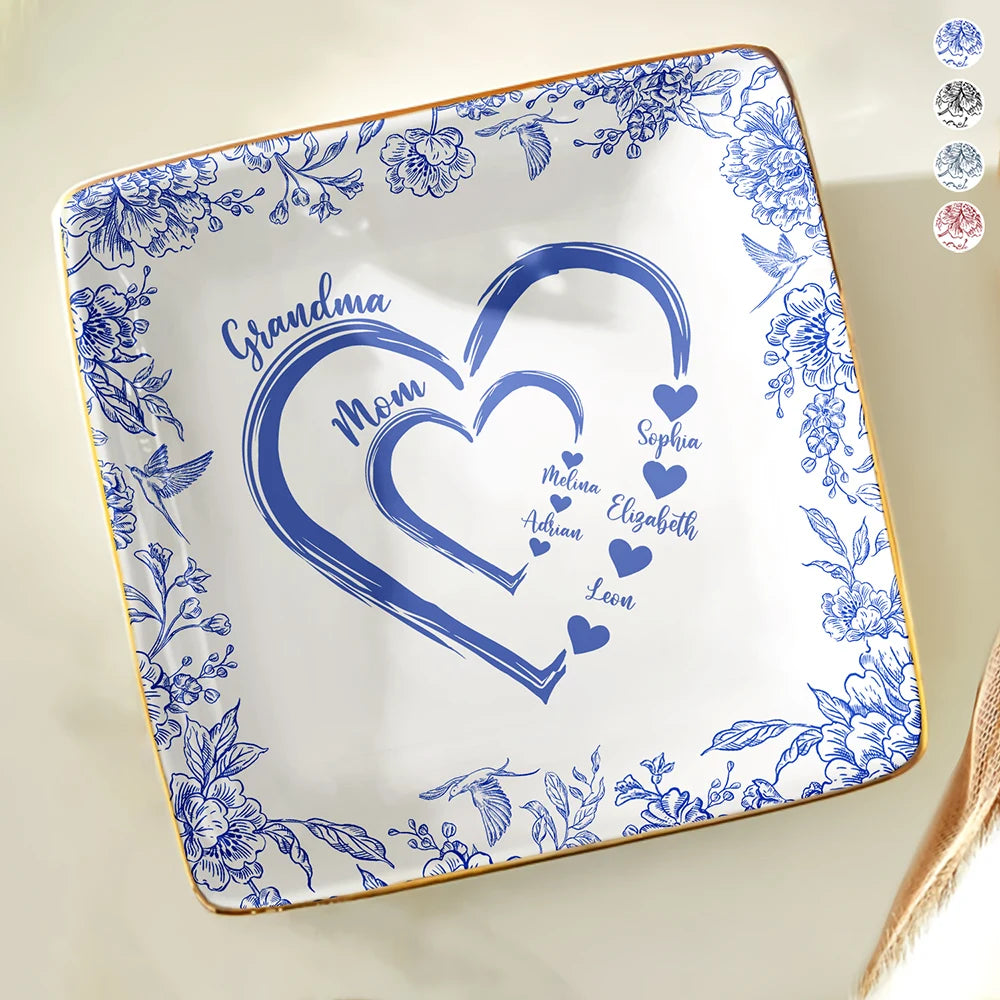 Mom Grandma Heart We Love You Toile De Jouy Pattern - Personalized Ring Dish
