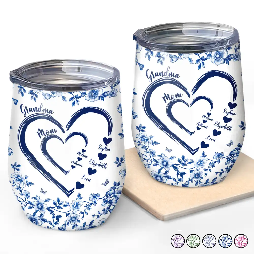 Mom Grandma Sweethearts Toile - Personalized Wine Tumbler