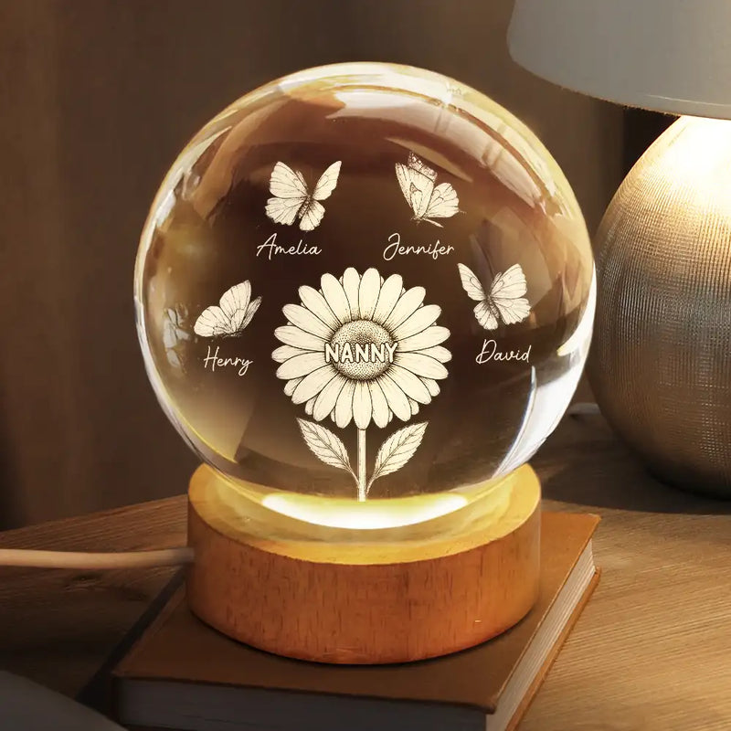 Happy,Love,Grandma - Grandkids,Mom - Children,Gift For Mother - Mom Grandma's Birth Flowers And Butterflies - Personalized Crystal Globe Lamp