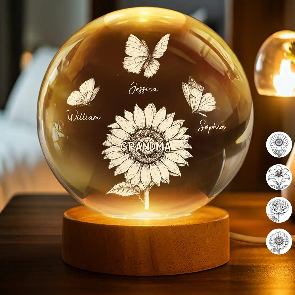 Mom Grandma's Birth Flowers And Butterflies - Personalized Crystal Globe Lamp
