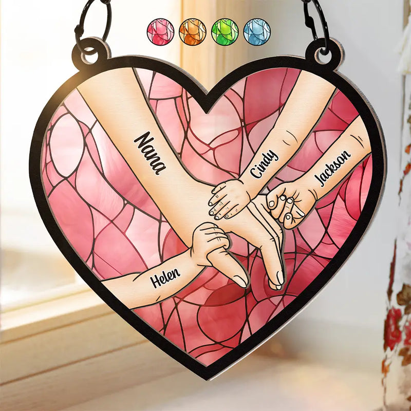 Gift For Grandma, Grandma - Grandkids, Gift For Mother, Happy - Mom Nana & Children Hands In Hands - Personalized Window Hanging Suncatcher Ornament